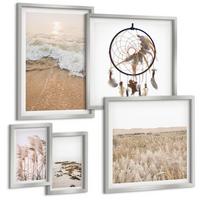 BILDER SET 5er Set - 50x50 cm & 20x30 cm & 40x60 cm Silberner Rahmen - Strandgras, Wellen, Steine, Boho-Stil - Silberfarben, Kunststoff (40/60cm) - TULUP