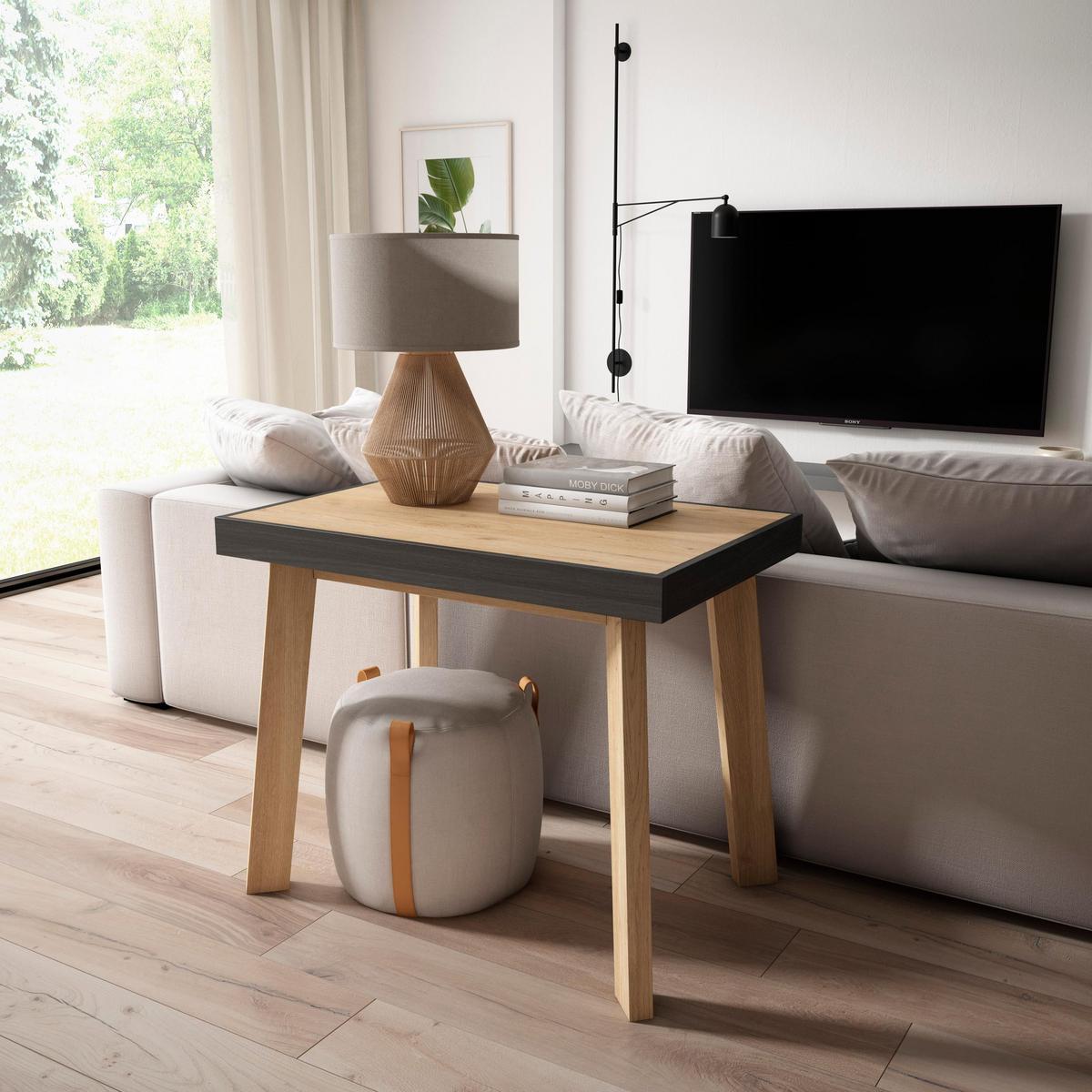 KONSOLENTISCH ausziehbar 58 bis 140cm, für 6 Gäste, eiche, schwarz, 90/58/73cm - Eichefarben/Schwarz, Holzwerkstoff (90/140/73cm) - Skraut Home
