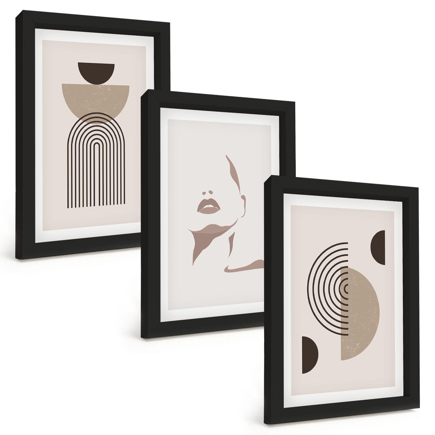 BILDER SET 3er Set - 20x30 cm Schwarzer Rahmen - Abstrakte Formen und Gesicht - Schwarz, Kunststoff (20/30cm) - TULUP