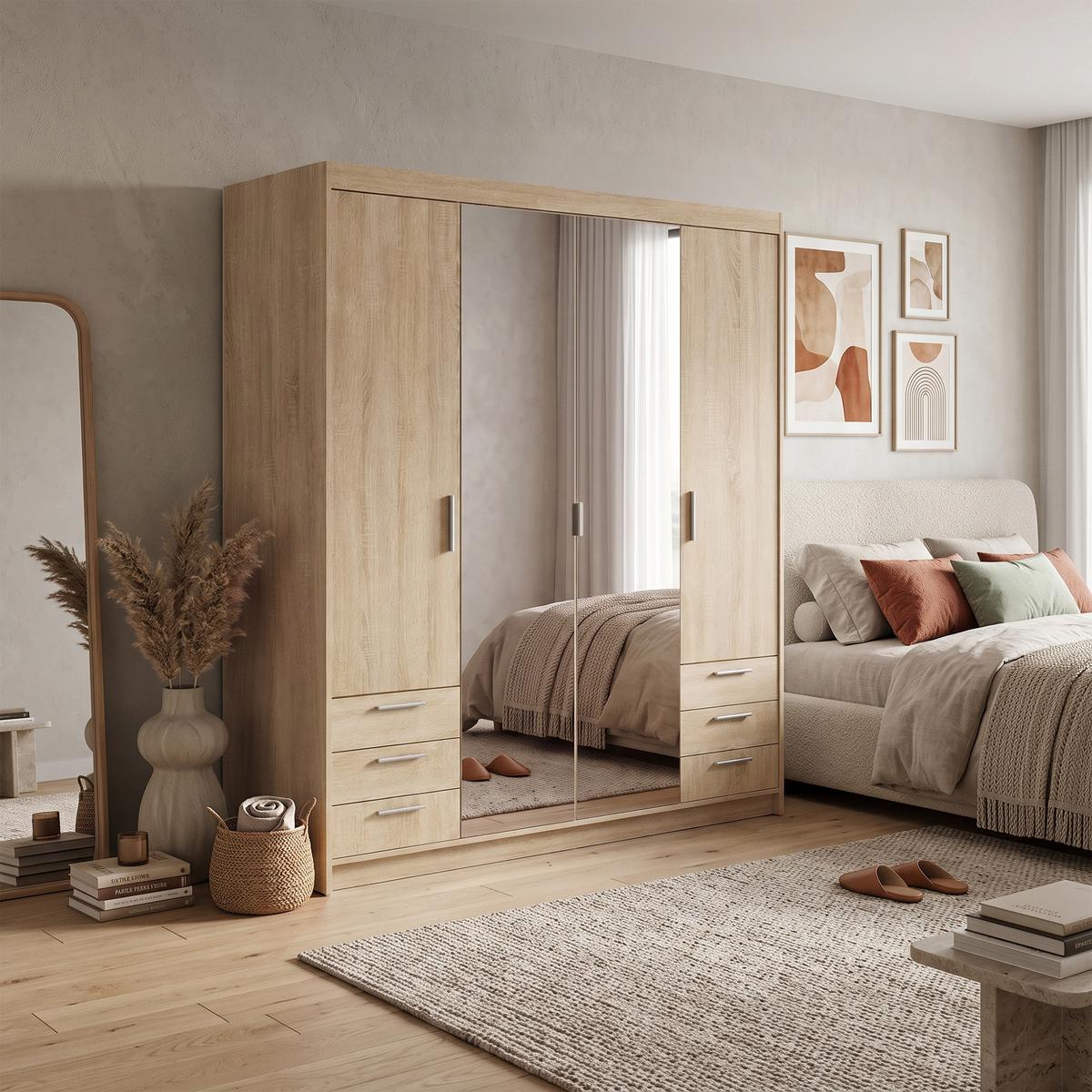 DREHTÜRENSCHRANK Elena mit 4 Türen, 6 Schubladen und Spiegel, 176 cm, Sonoma Eiche - Sonoma Eiche, Holzwerkstoff (176/190/53cm) - Beautysofa