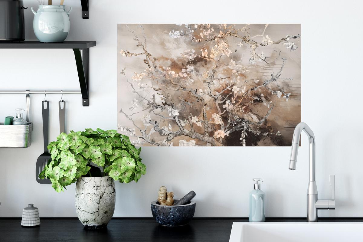 WANDTATTOO Mandelblüte - Kunst - Van Gogh - Beige - Abstrakt Deko Wohnzimmer 60x40 cm - Braun, Kunststoff (60/40cm) - MuchoWow
