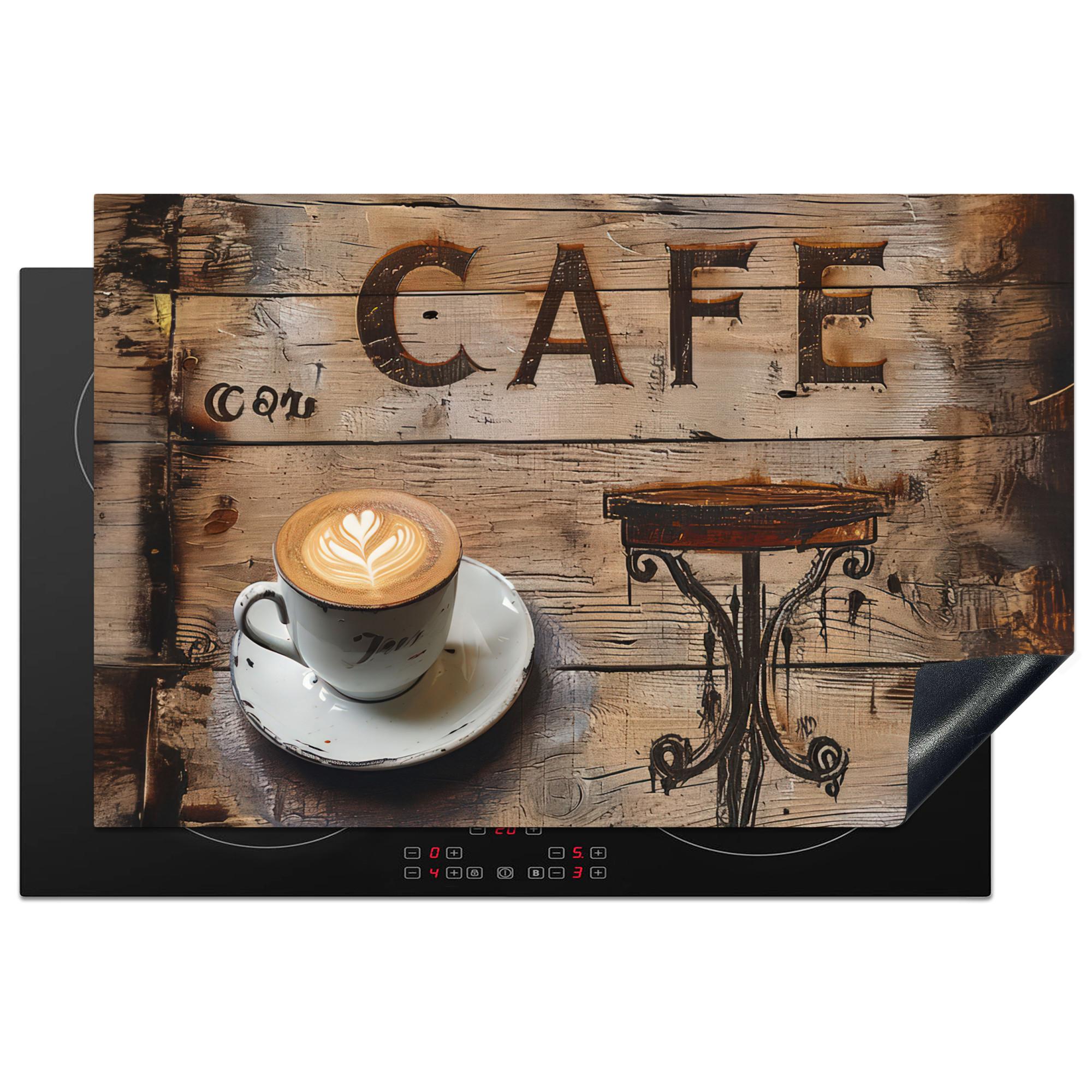 HERDABDECKPLATTE Cafe - Holz - Kaffee - Regale Induktionsmatte 81x52 cm - Schwarz, Kunststoff (81/52/0.2cm) - MuchoWow