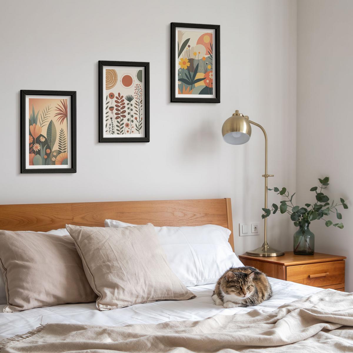 BILDER SET 3er Set - 20x30 cm Schwarzer Rahmen - Boho-Pflanzenmuster Natur - Schwarz, Kunststoff (20/30cm) - TULUP