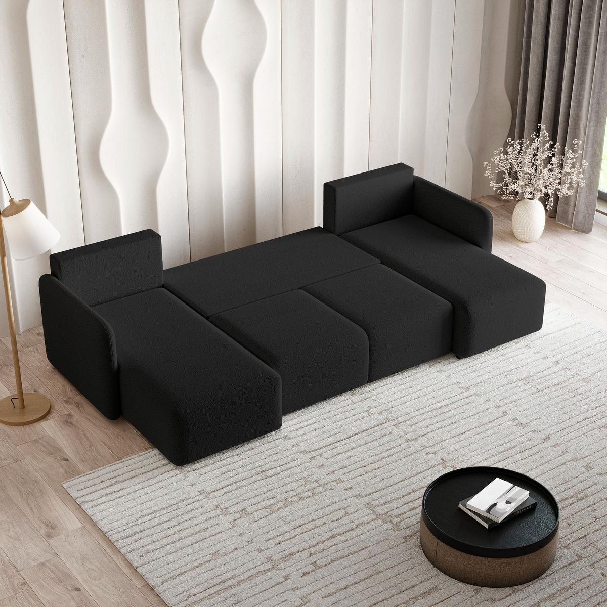 WOHNLANDSCHAFT NUBERO Schwarz Boucle-Stoff mit Schlaffunktion - Schwarz, Holz (285/85/143cm) - MASSENO