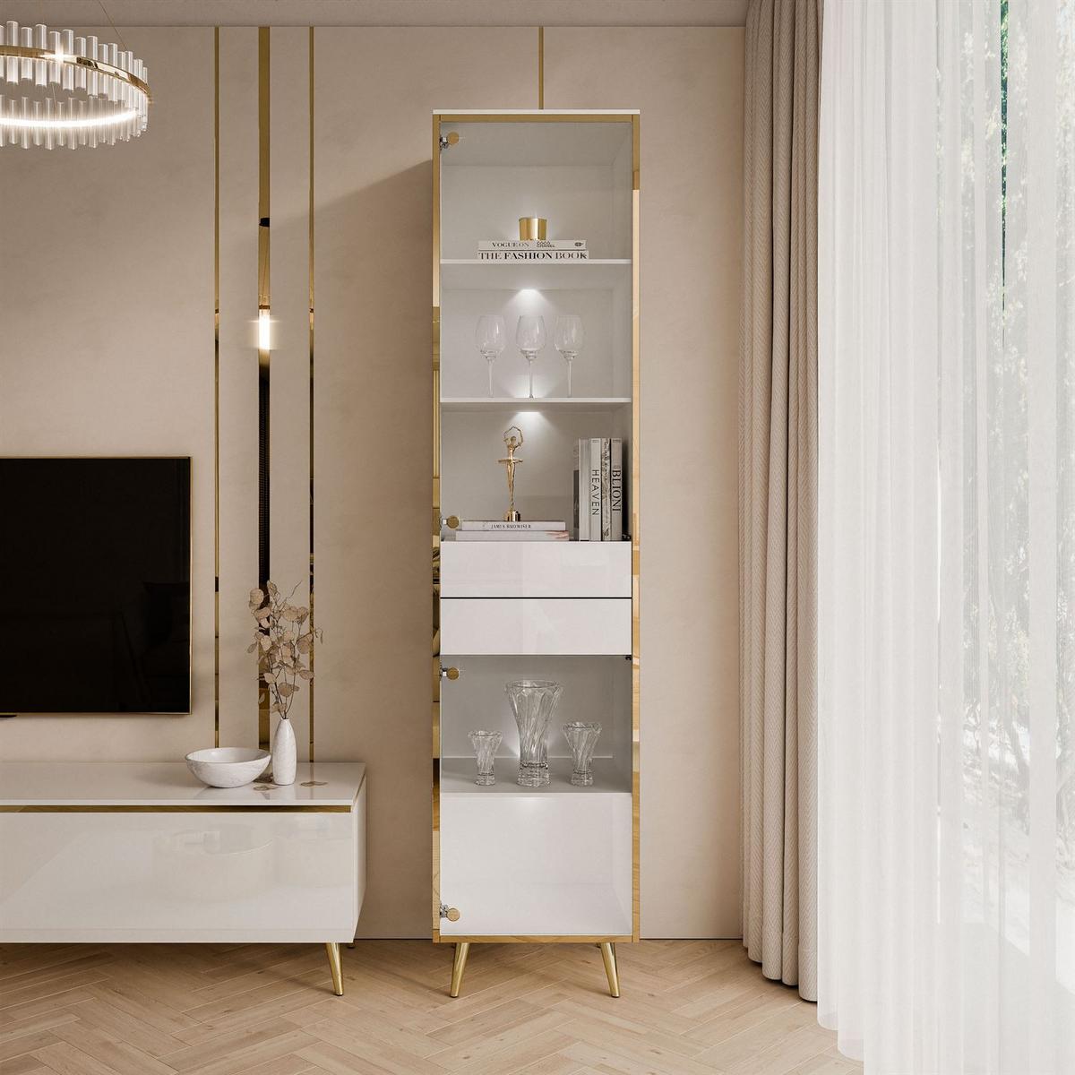 VITRINE AURORA in Weiß hochglanz mit LED-Beleuchtung mit schräge Goldchrom Fuße - Weiß Hochglanz/Goldfarben, Holzwerkstoff/Metall (45/194/40cm) - Lookway