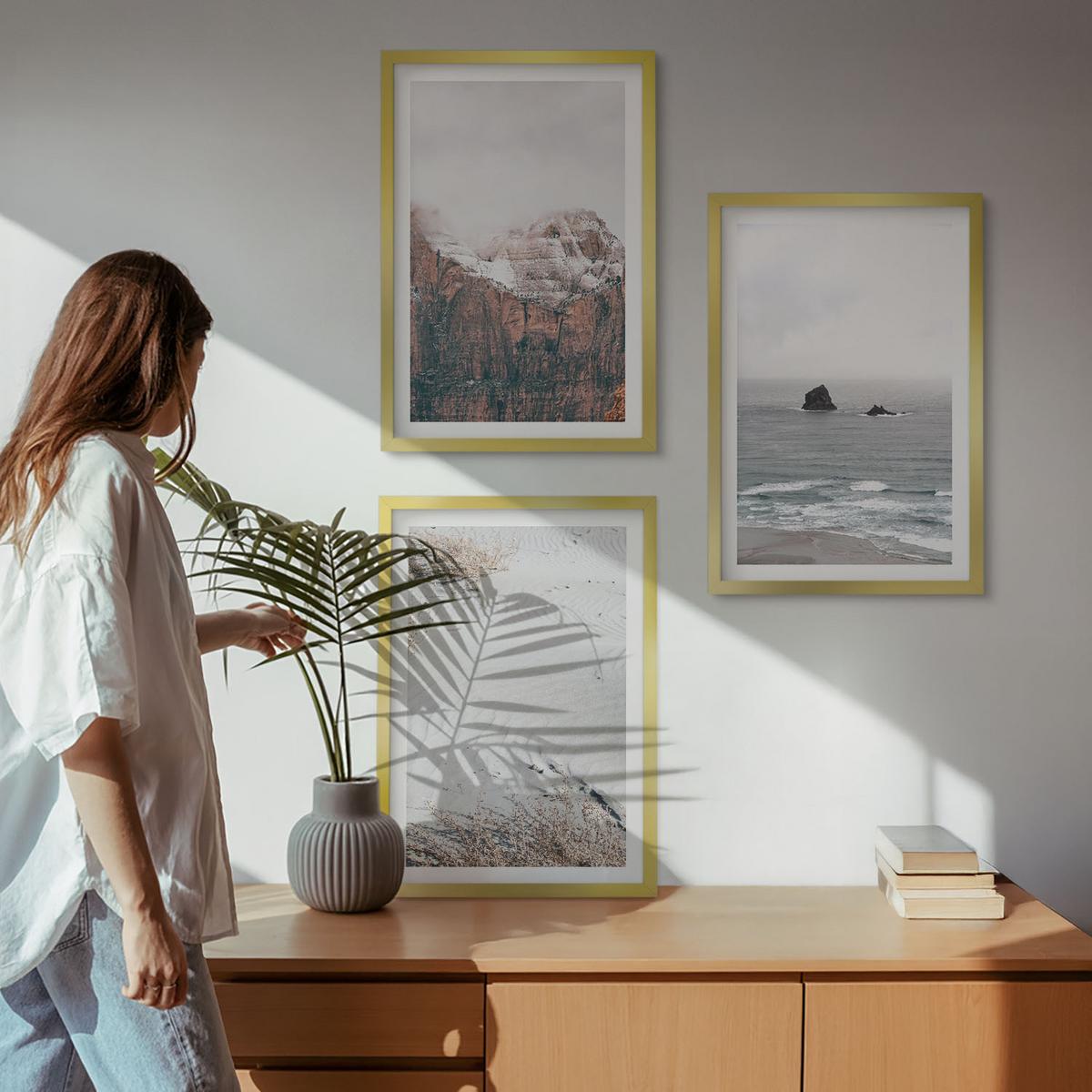BILDER SET 3er Set - 40x60 cm Goldrahmen - Berge, Wolken, Meer, Sand, Natur - Goldfarben, Kunststoff (40/60cm) - TULUP