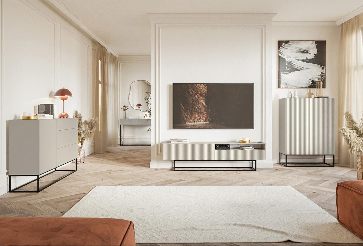 HIGHBOARD Veldio Graubeige mit schwarzen Beinen 90 cm - Taupe/Greige, Holzwerkstoff/Metall (125/90/38cm) - Selsey