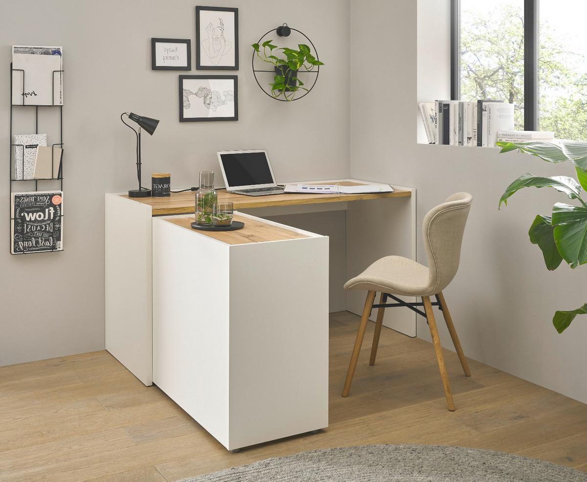 SCHREIBTISCHKOMBINATION 3-teilig weiß, Eiche Wotan 143 cm, Büromöbel Set mit Aktenregal und Kommode - Eichefarben/Eiche Wotan, Holzwerkstoff/Kunststoff (140/143/76cm) - Furn.Design