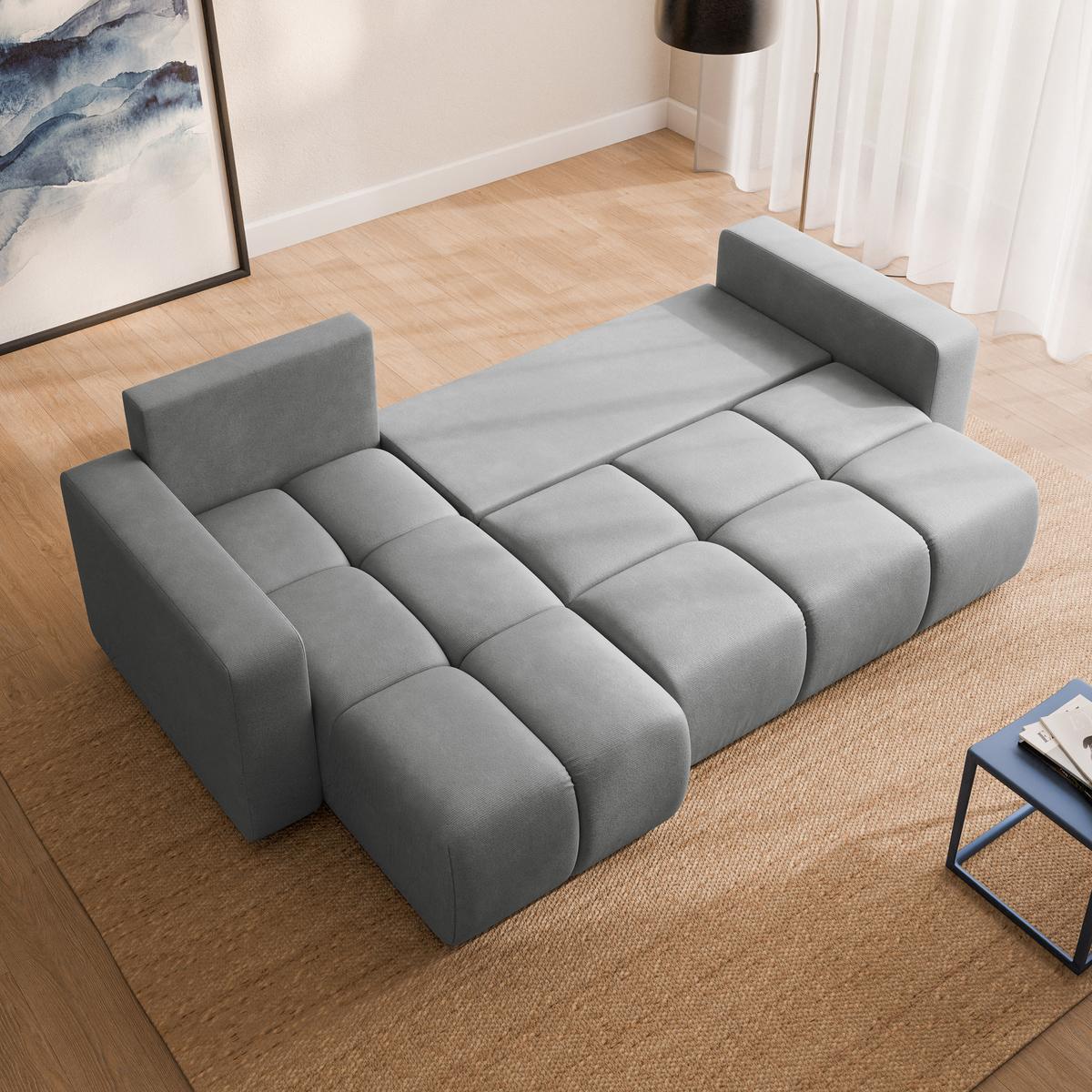 ECKSOFA RAMIL Hellgrau Plüsch-Stoff mit Schlaffunktion - Hellgrau, Holz (240/149cm) - MASSENO