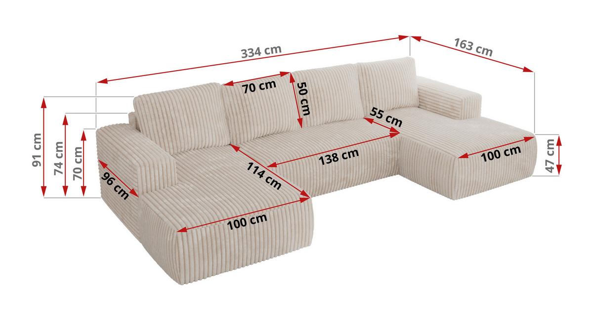 WOHNLANDSCHAFT TRENTINO U Beige Cord - Beige/Schwarz, Kunststoff/Textil (334/91/163cm) - MKS