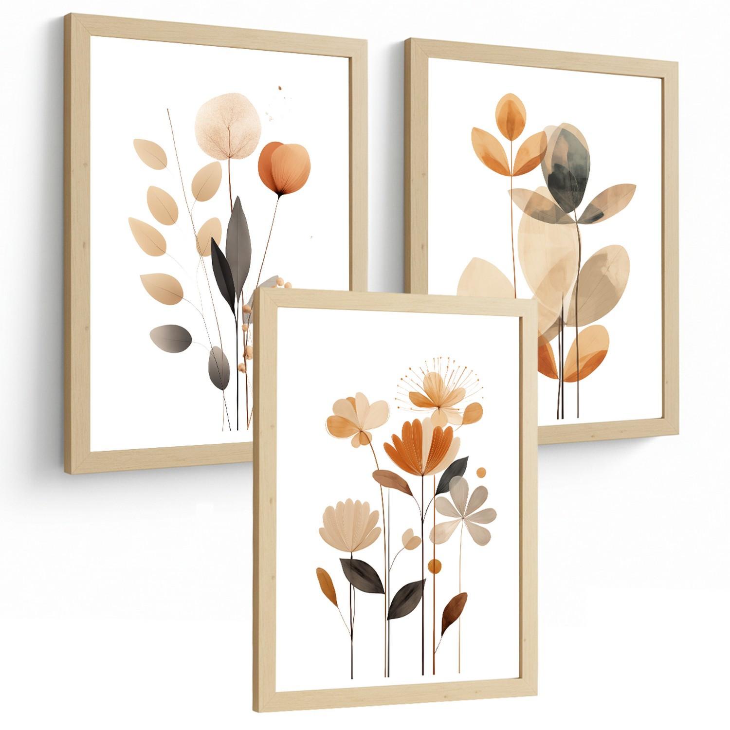 POSTER 3er-Set Wandbilder Orange Blumen modern Wohnzimmer Deko, Schlafzimmer, Küche, Badezimmer Leichter Holzrahmen A3 - Beige, Papier (29.7/1/42cm) - Nacnic