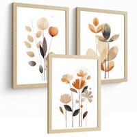 POSTER 3er-Set Wandbilder Orange Blumen modern Wohnzimmer Deko, Schlafzimmer, Küche, Badezimmer Leichter Holzrahmen A3 - Beige, Papier (29.7/1/42cm) - Nacnic