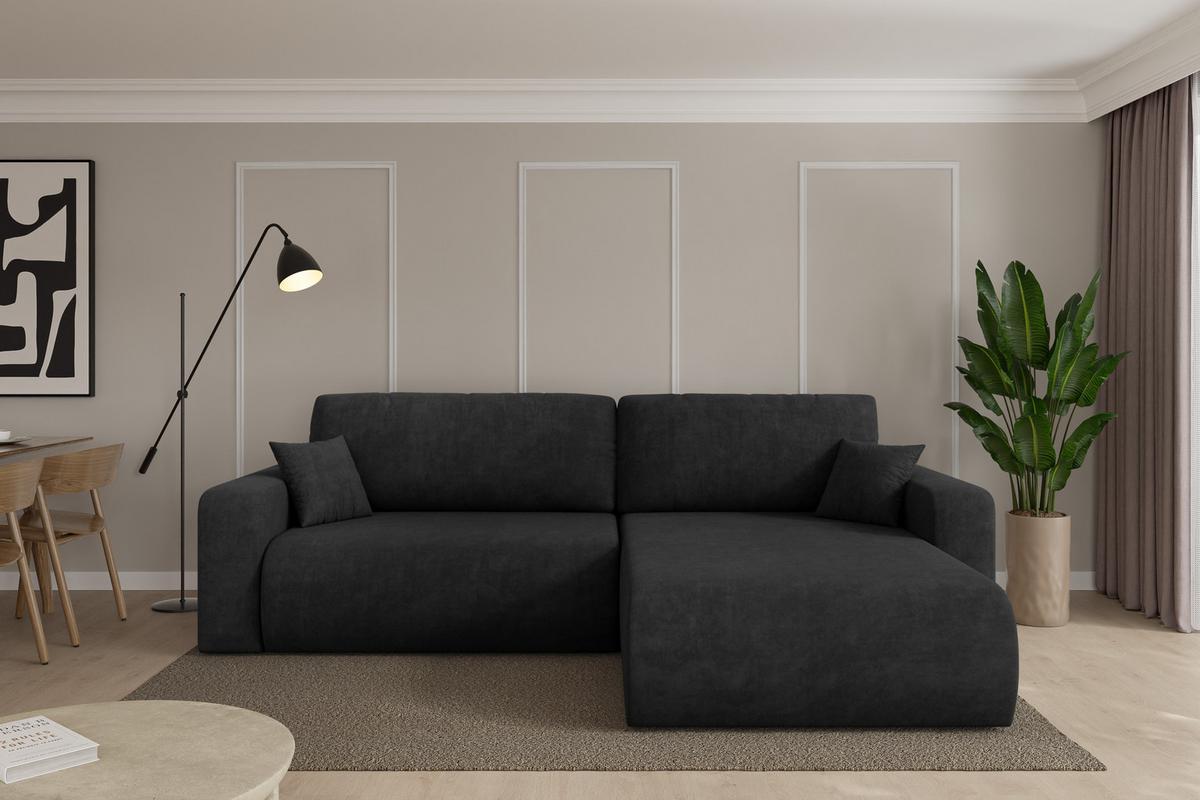 ECKSOFA mit Schlaffunktion Ottomane Rechts BERY-L 276x193x88 Schwarz Velours - Schwarz, Holzwerkstoff/Kunststoff (276/193cm) - ALTDECOR