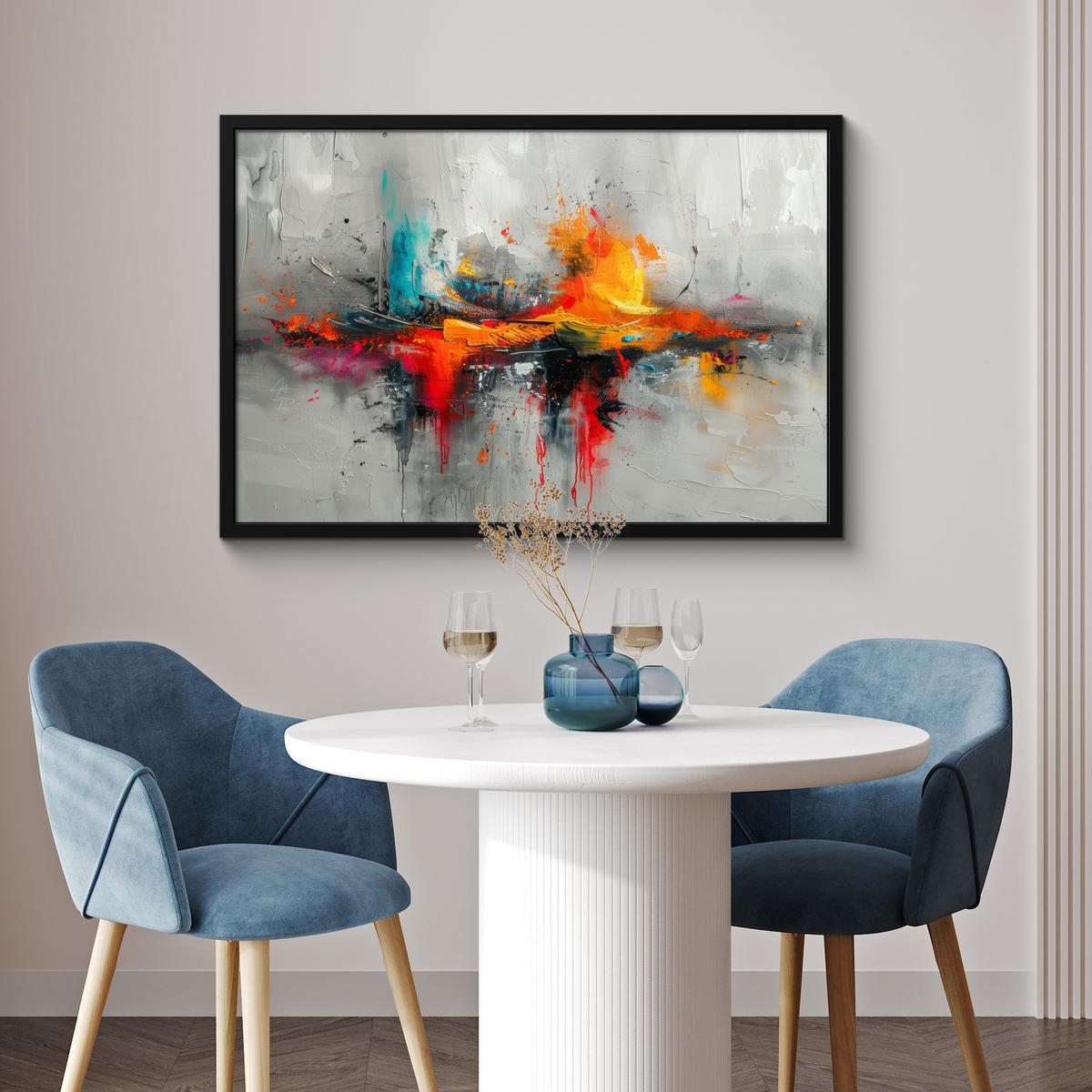 POSTER MIT RAHMENGERAHMTES BILD Moderne Kunst - Orange - Grau - Abstrakt 90x60 cm - Hellgrau, Papier (90/60cm) - MuchoWow