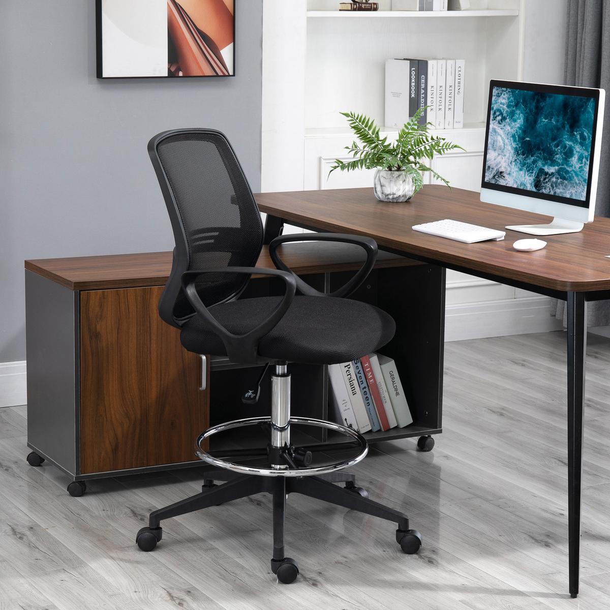 ARBEITSSTUHL Ergonomischer Drehstuhl Bürostuhl höhenverstellbar mit Fußstütze - Schwarz, Textil (66/120/68cm) - Vinsetto