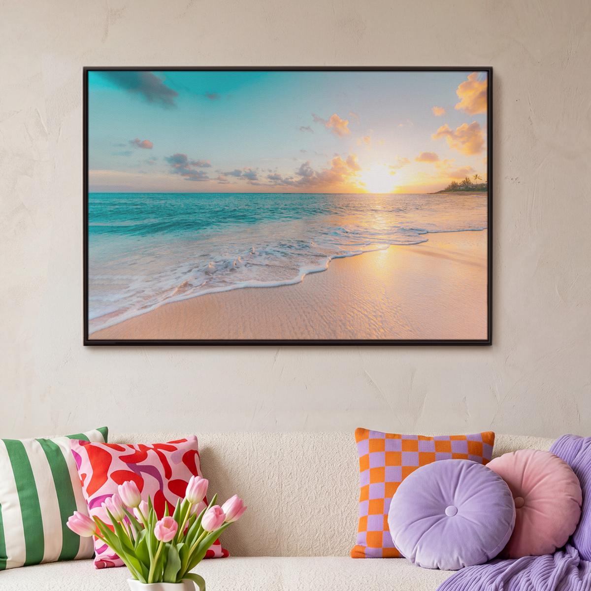 LEINWAND Bilder mit Rahmen - Sonnenuntergang - Strand - Meer - Sommer - Blau - 90x60 - Multicolor, Textil (90/60cm) - MuchoWow