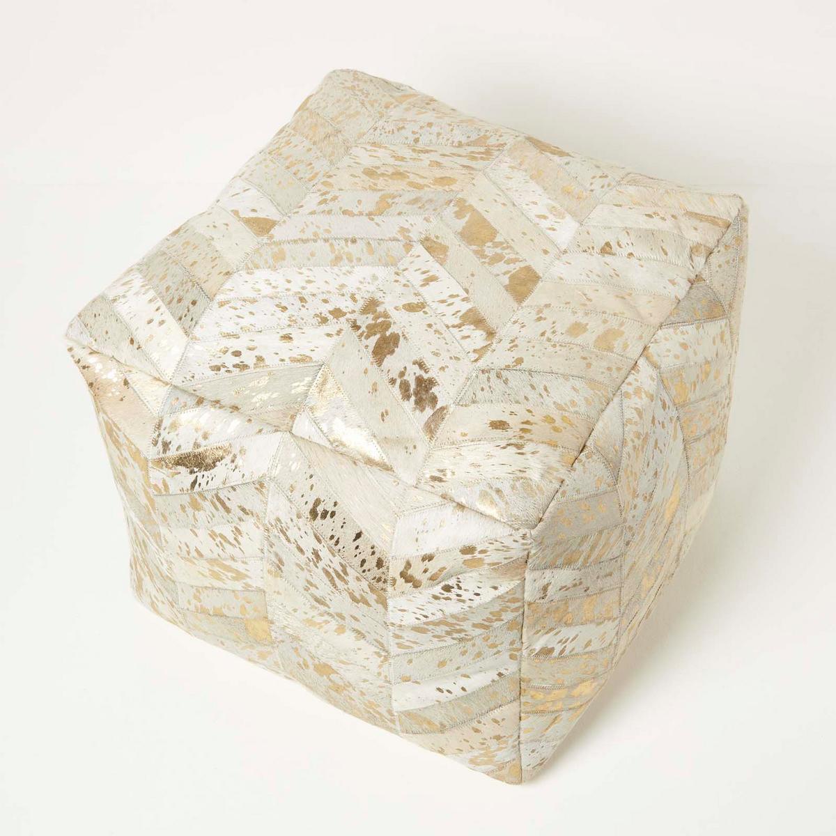 PATCHWORK-SITZPOUF Fell creme-gold, 50/50/40 cm - Grau, Leder (50/40/50cm) - Homescapes
