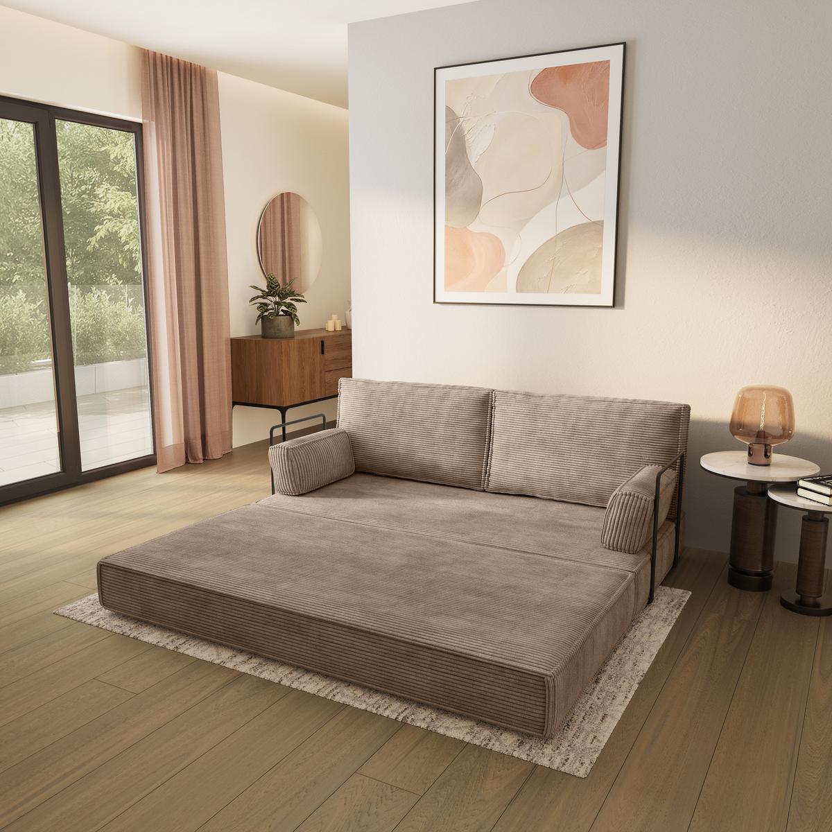 BETTSOFA SILAR aus Schaumstoff Kordstoff Beige Schlaffunktion - Beige, Textil (170/86/80cm) - MASSENO