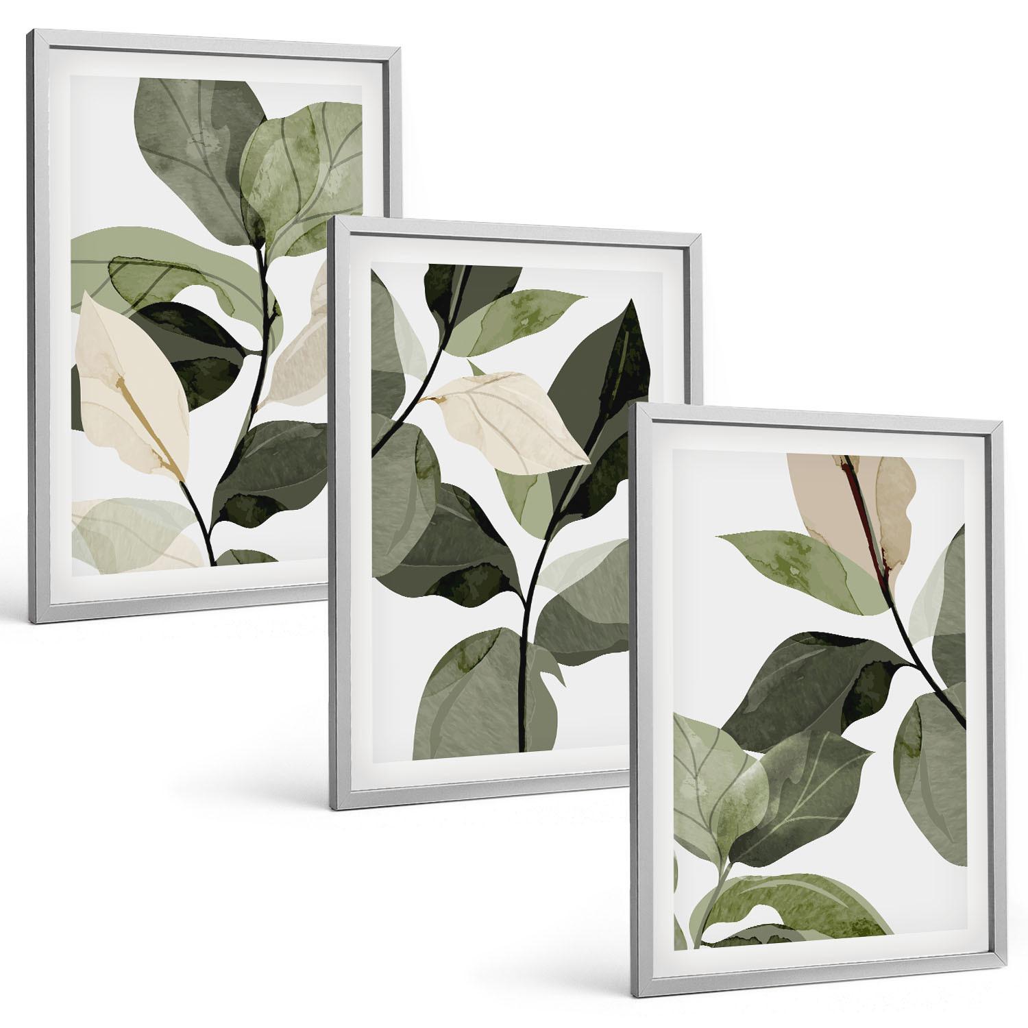BILDER SET 3er Set - 40x60 cm Silberner Rahmen - Bemalte Boho-Pflanzenblätter - Silberfarben, Kunststoff (40/60cm) - TULUP