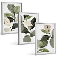 BILDER SET 3er Set - 40x60 cm Silberner Rahmen - Bemalte Boho-Pflanzenblätter - Silberfarben, Kunststoff (40/60cm) - TULUP