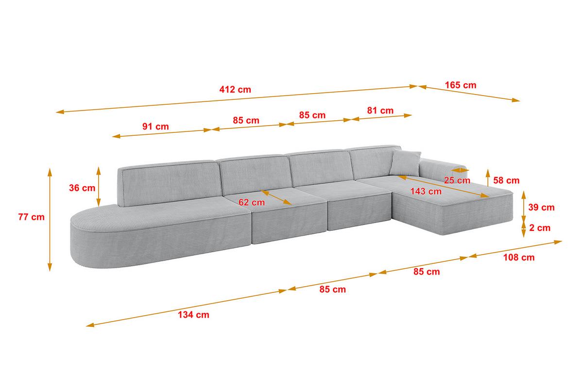 ECKSOFA Ottomane Rechts IREA-L3-v3 - 412x165x77 cm Grau - Grau, Holzwerkstoff/Textil (412/165cm) - ALTDECOR