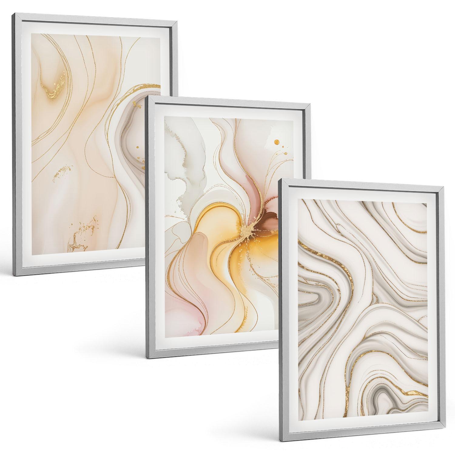 BILDER SET 3er Set - 40x60 cm Silberner Rahmen - Abstrakte warme Muster - Silberfarben, Kunststoff (40/60cm) - TULUP