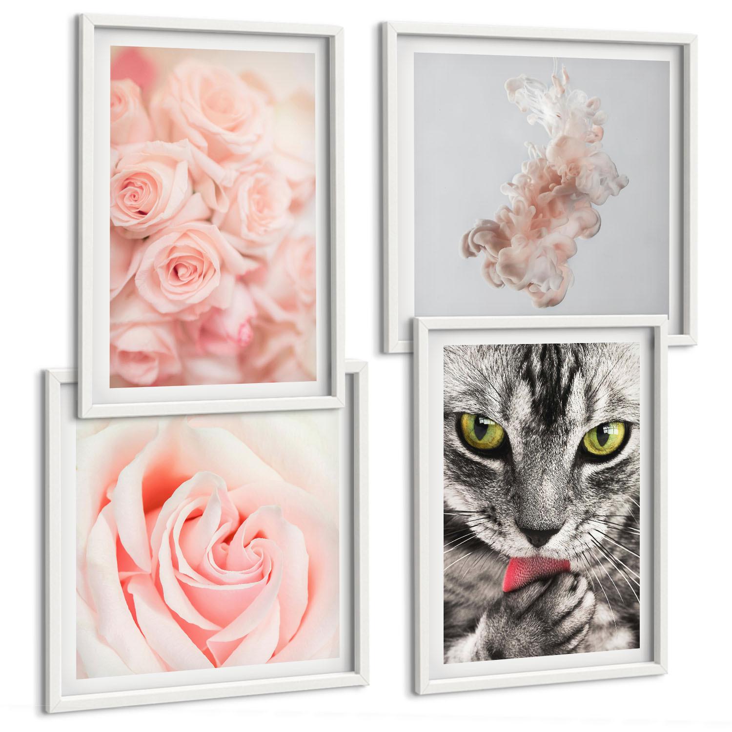 BILDER SET 4er Set - 50x50 cm & 40x60 cm Weißer Rahmen - Abstrakte Darstellung von grauen Katzenrosen - Weiß, Kunststoff (50/50cm) - TULUP