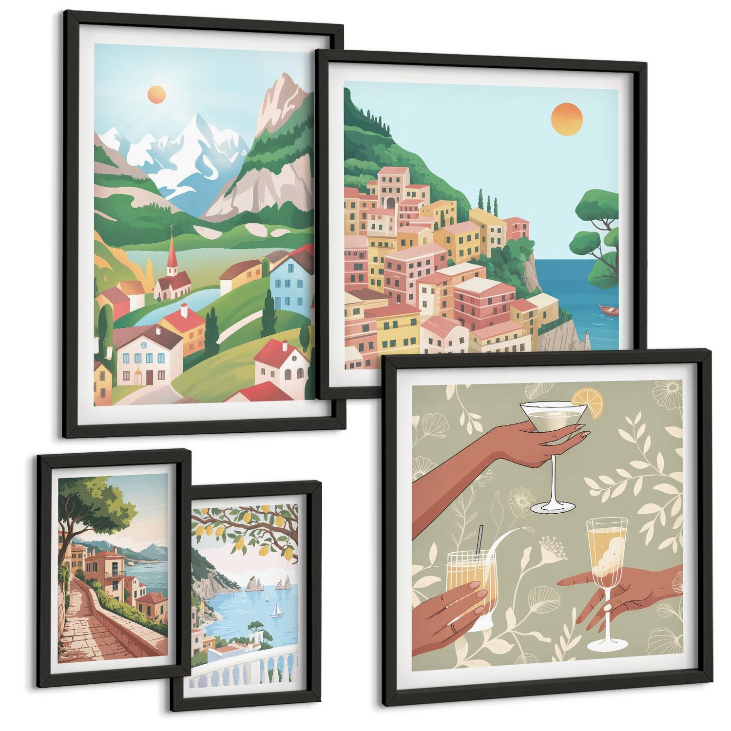 BILDER SET 5er Set - 50x50 cm & 20x30 cm & 40x60 cm Schwarzer Rahmen - Meereslandschaften, Zitrusfrüchte - Schwarz, Kunststoff (40/60cm) - TULUP