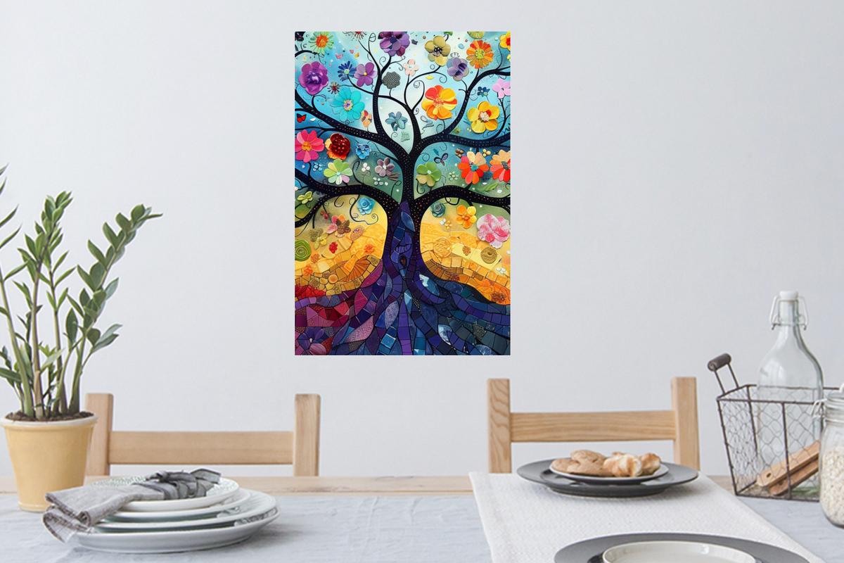 WANDTATTOO Kunst - Baum des Lebens - Blumen - Hippie Wandbild 40x60 cm - Dunkelblau, Kunststoff (40/60/0.1cm) - MuchoWow