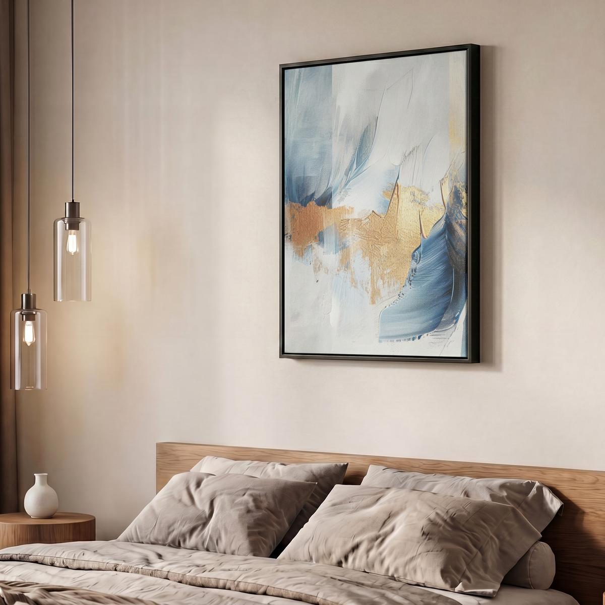 LEINWAND Bilder mit Rahmen - Gold - Blau - Aquarell - Kunst - Modern - 50x70 - Hellblau, Textil (50/70cm) - MuchoWow