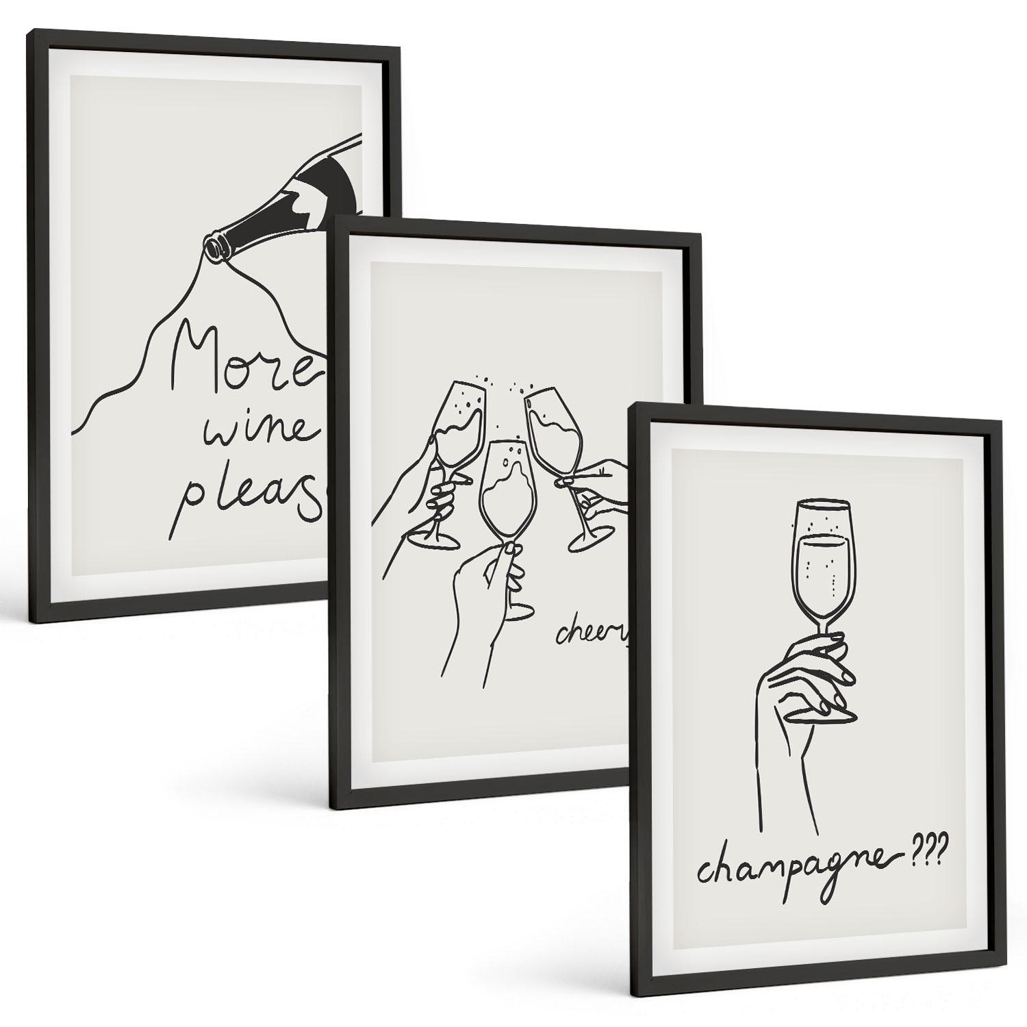 BILDER SET 3er Set - 40x60 cm Schwarzer Rahmen - Champagner-Wein-Linienzeichnung - Schwarz, Kunststoff (40/60cm) - TULUP