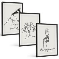 BILDER SET 3er Set - 40x60 cm Schwarzer Rahmen - Champagner-Wein-Linienzeichnung - Schwarz, Kunststoff (40/60cm) - TULUP