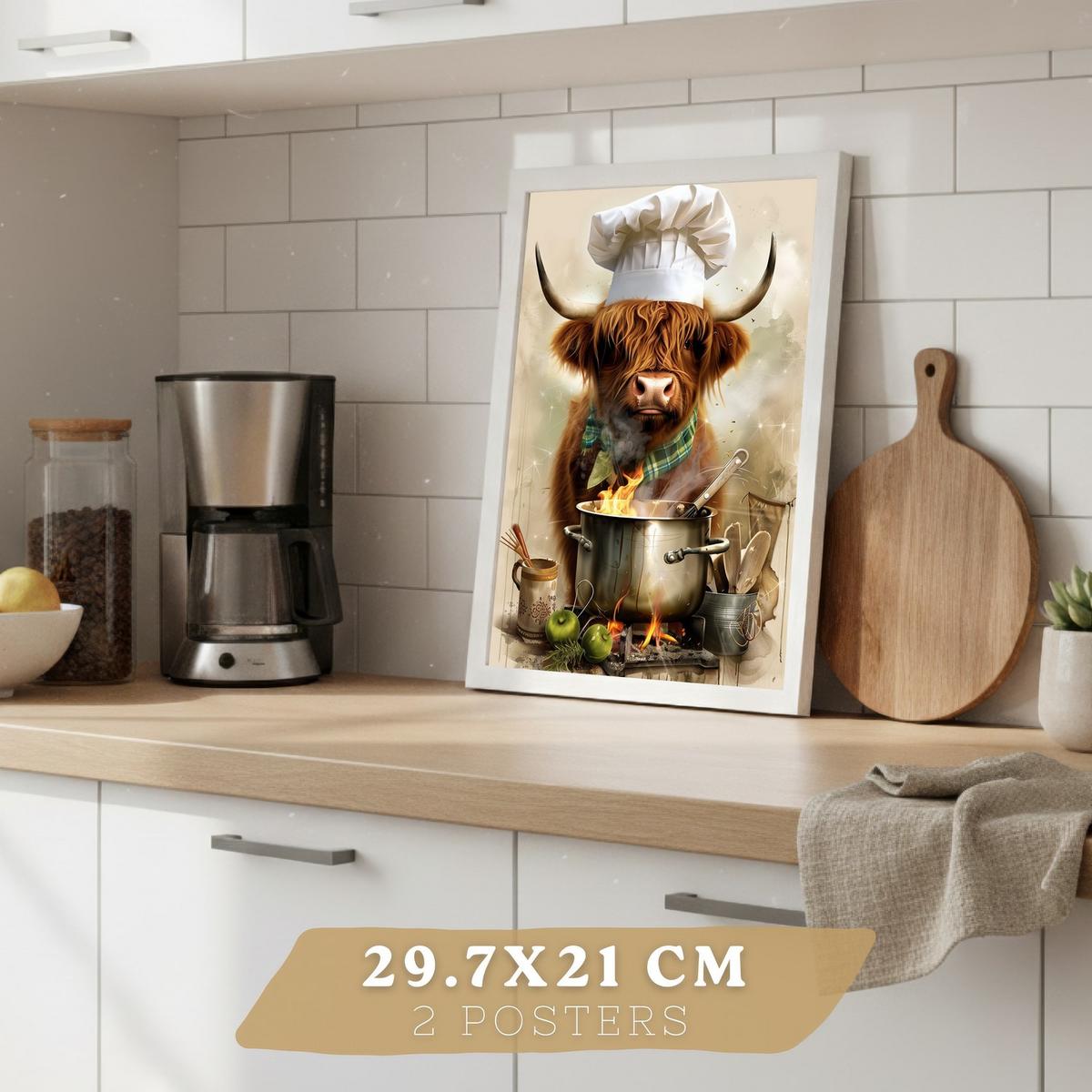 POSTER 4er Set Tier Koch Wandbilder Schwein Bäcker und Highland-Rind Köchin Illustration Küche Wanddeko Weißer Rahmen A4 - Weiß, Papier (29.7/1/21cm) - Nacnic