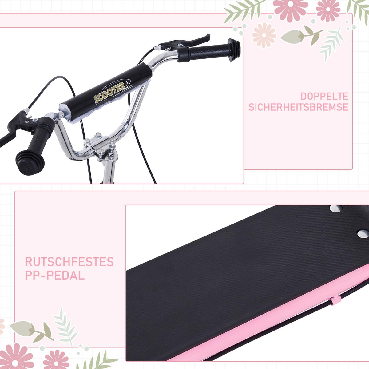 KINDER Tretroller mit Bremsen Scooter 16/12 Zoll Cityroller verstellbar Rosa - Rosa, Metall (135/58/100cm) - HOMCOM