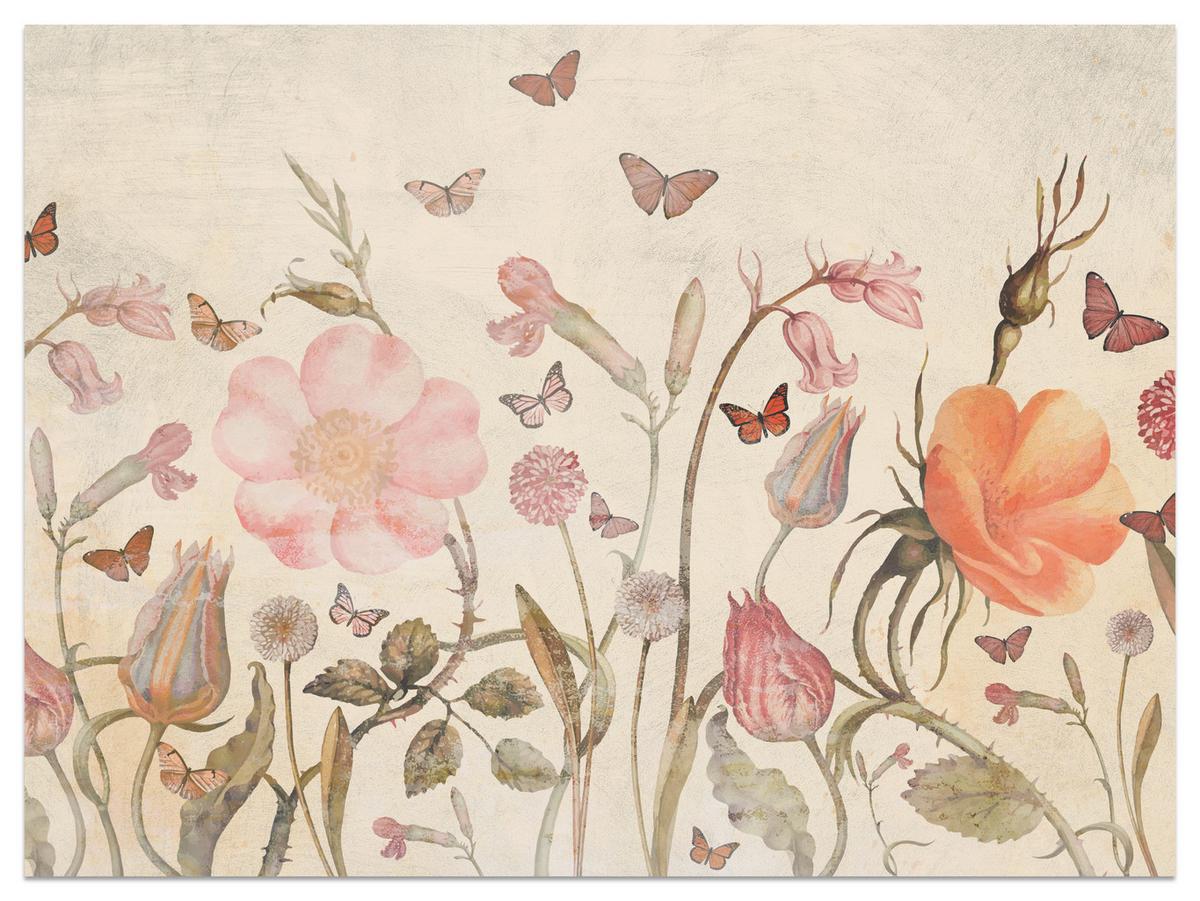 FOTOTAPETE für Kinderzimmer Wiesenblumen Aquarell Schmetterlinge Boho 450x315 - Beige/Rot, Papier (450/315cm) - Muralo