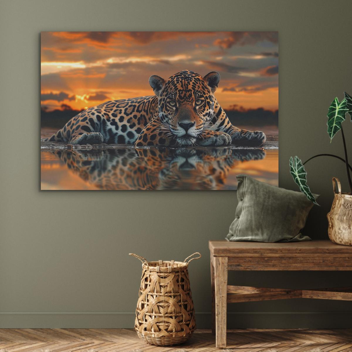 AKUSTIKBILD Natur - Leopard - Tier - Sonnenuntergang - Modern Akustikpaneele 90x60 cm - Orange, Kunststoff (90/60/0.9cm) - MuchoWow