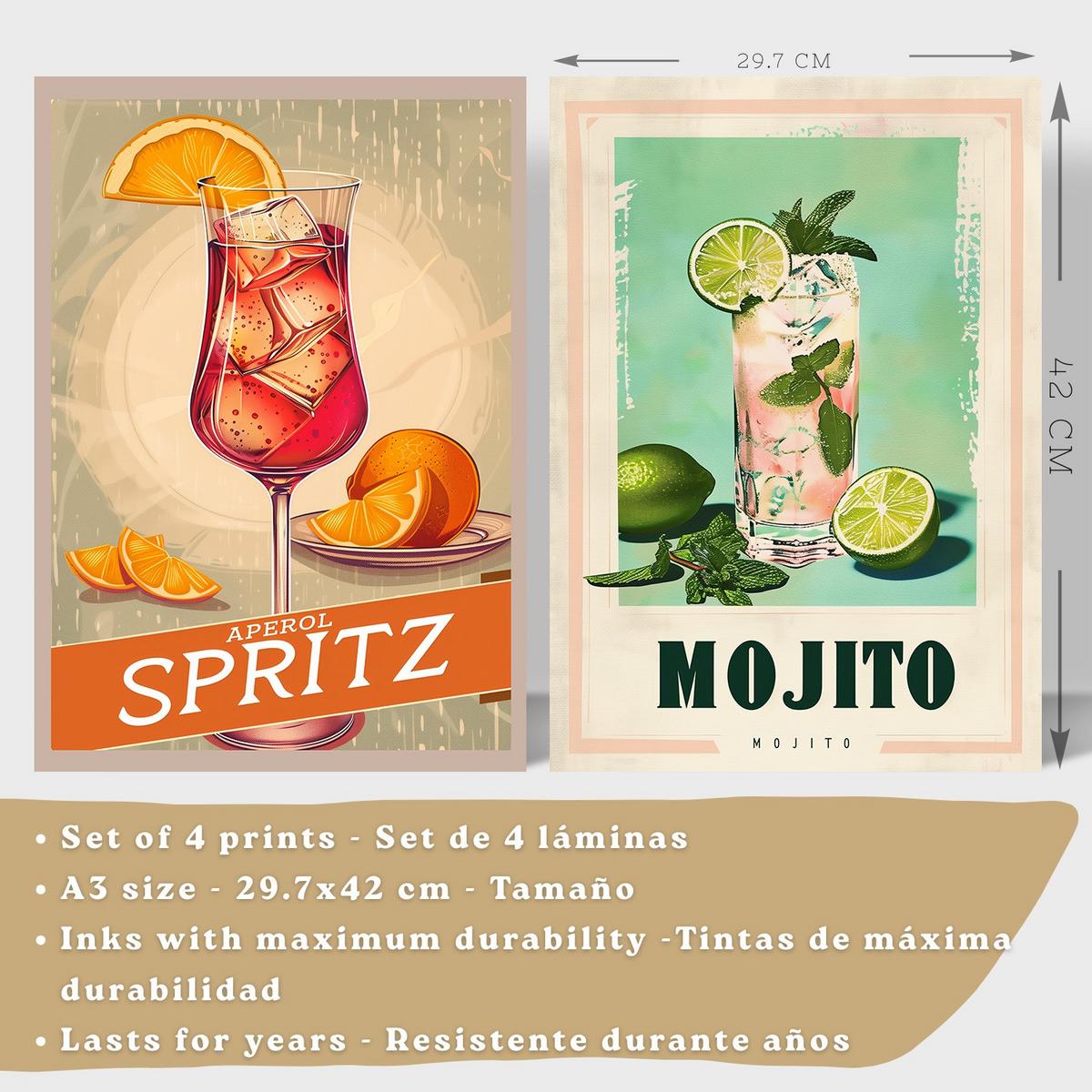 POSTER 4er Set Cocktail-Wandbilder Mojito Gin Tonic und Limoncello Vintage Retro Küche Bar Deko Schwarzer Rahmen A3 - Schwarz, Papier (29.7/1/42cm) - Nacnic
