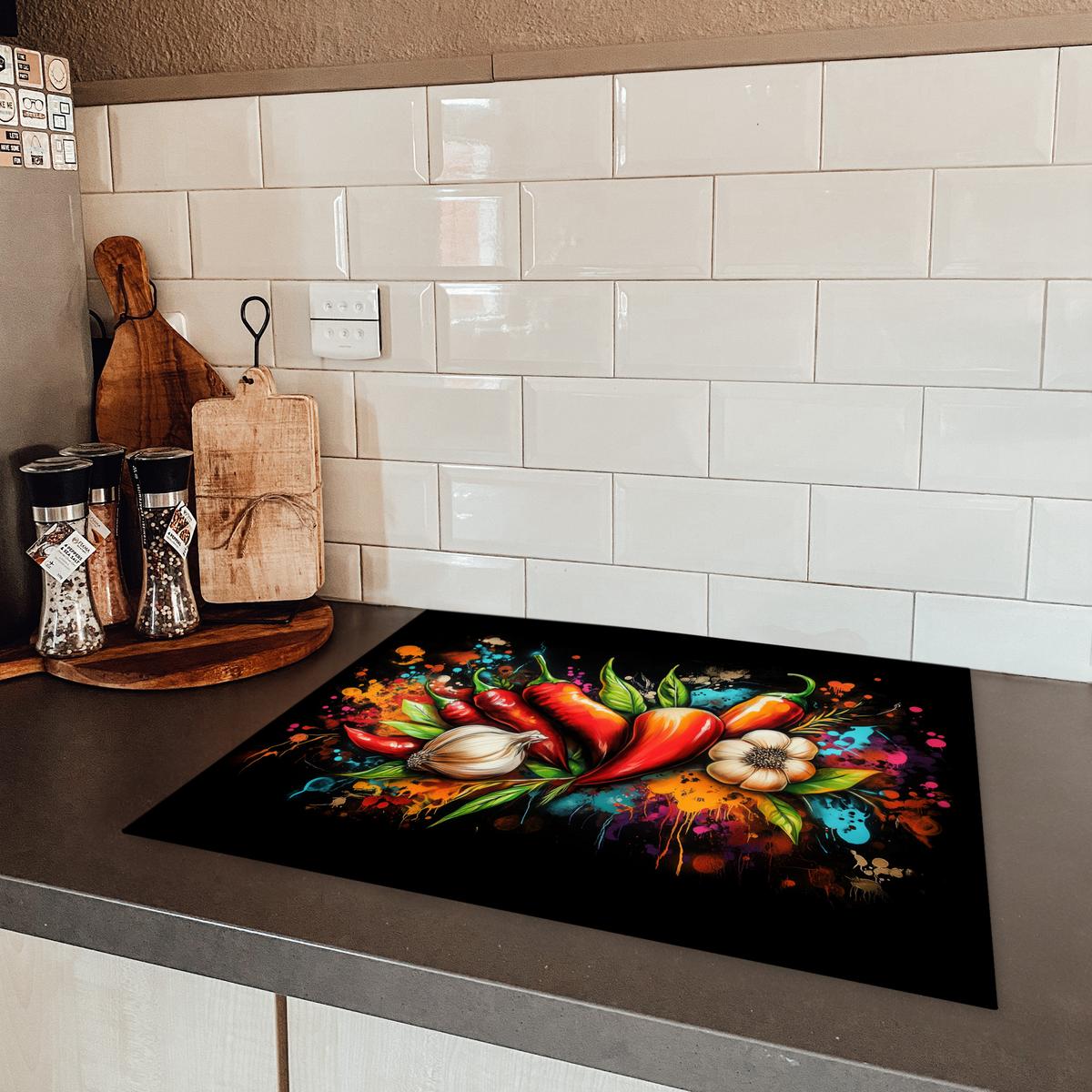 HERDABDECKPLATTE Gemüse - Paprika - Knoblauch - Graffiti - Farbe - Bunt Herdabdeckung Induktionsfeld 65x52 cm - Rot, Kunststoff (65/52/0.2cm) - MuchoWow