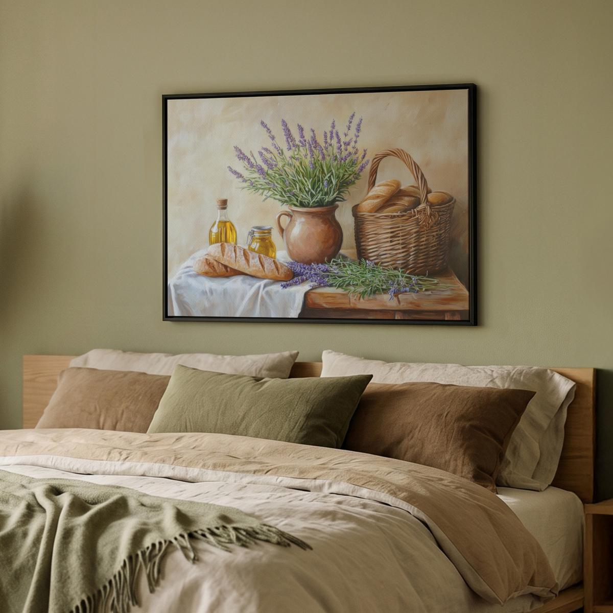LEINWAND Bilder mit Rahmen - Lavendel - Brot - Stilleben - 70x50 - Flieder, Textil (70/50cm) - MuchoWow