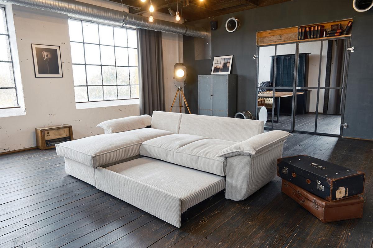 ECKSOFA DAMETO Weiß Cord Mit Schlaffunktion - Schwarz/Weiß, Kunststoff/Textil (266/174cm) - KAWOLA