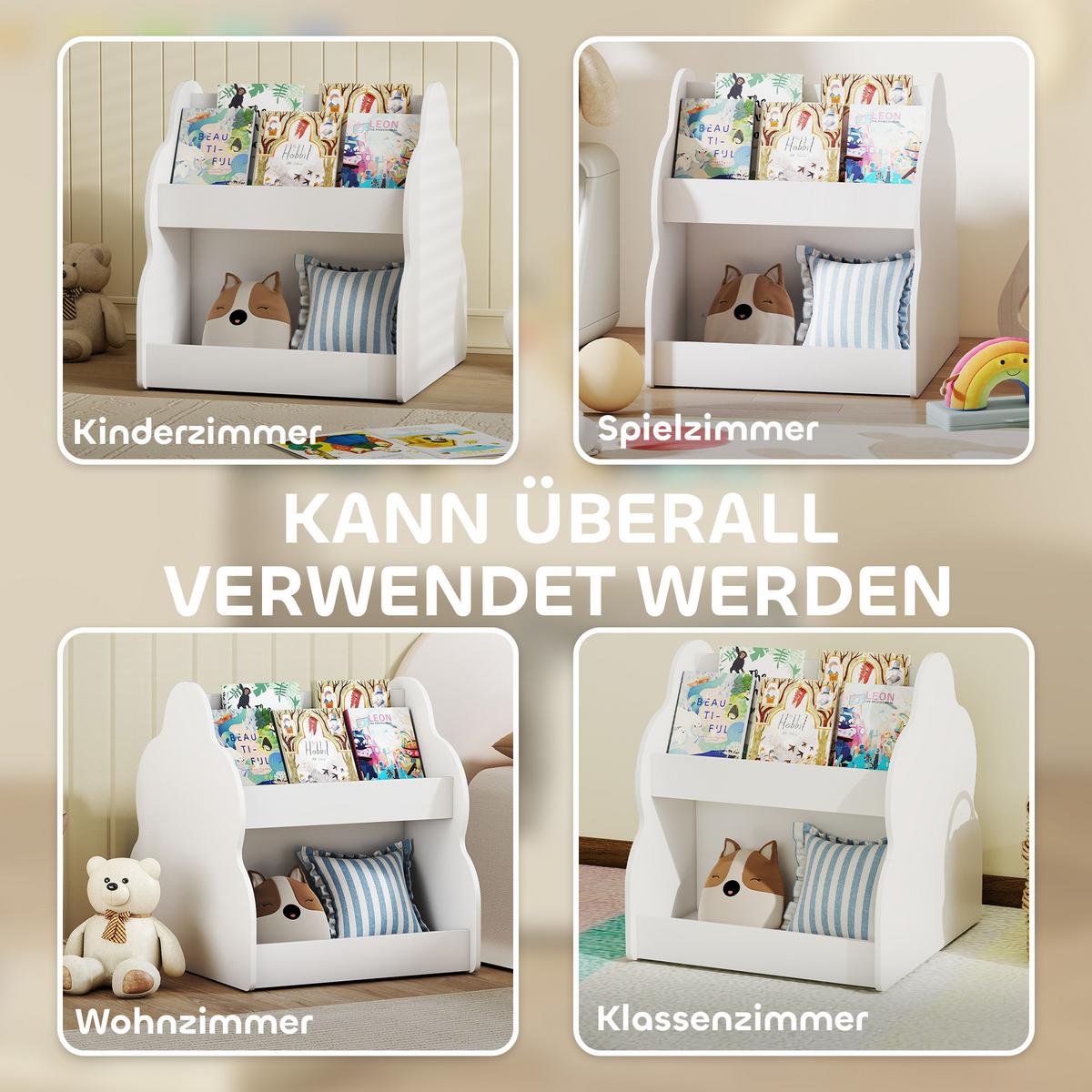 KINDER-BÜCHERREGAL mit Rädern 4 Regalen - Weiß, Holzwerkstoff (54/56/50cm) - AIYAPLAY