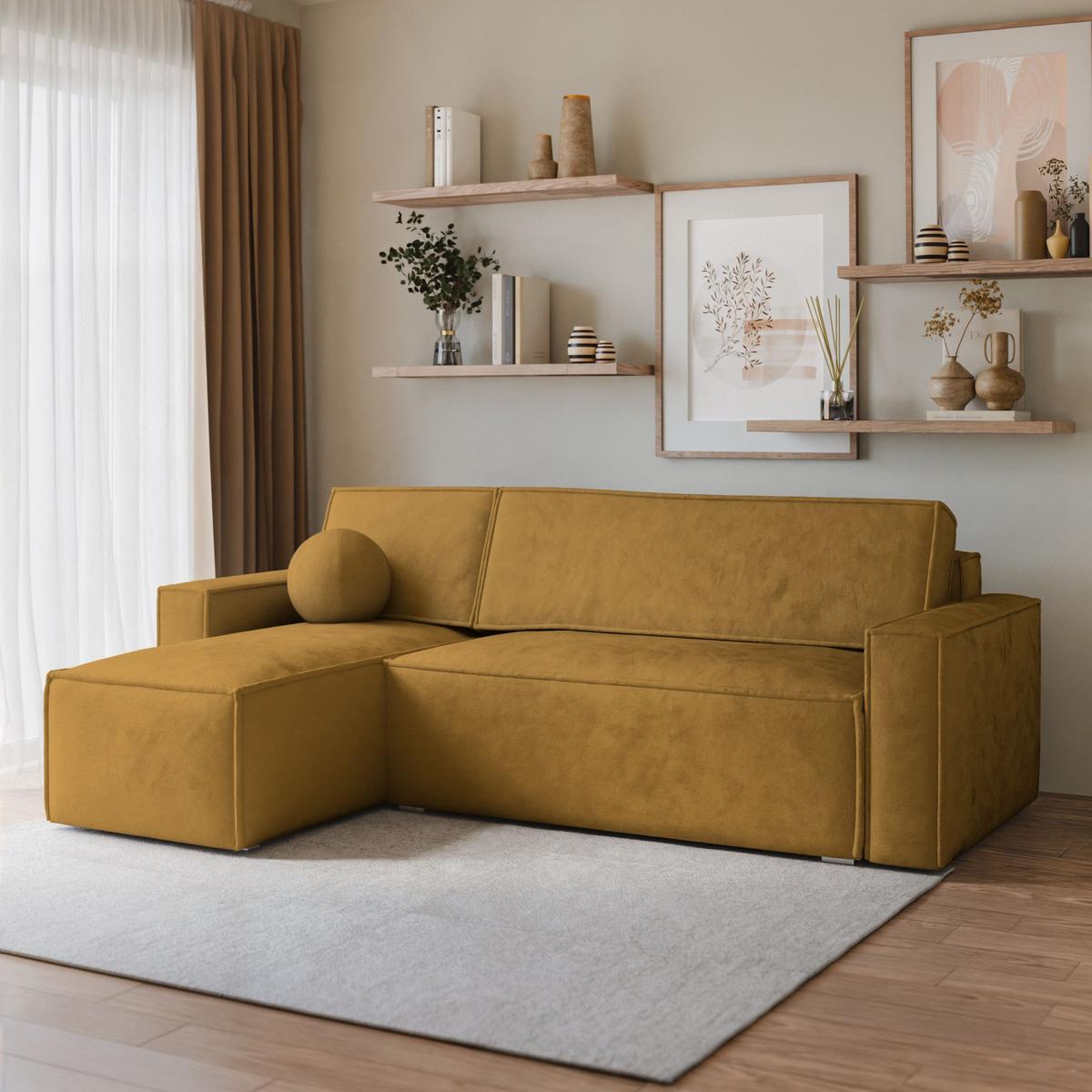 ECKSOFA RAVELO M Gelb Velours-Stoff mit Schlaffunktion - Gelb/Grau, Holz/Kunststoff (240/140cm) - MASSENO