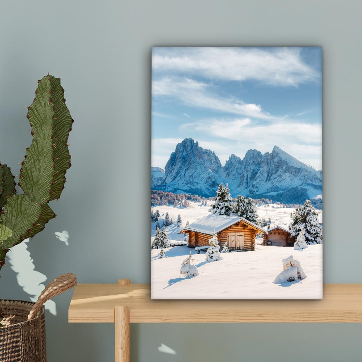 LEINWANDBILD Winter - Hütte - Berge - Aussicht - Schnee Deko Wohnzimmer 20x30 cm - Eichefarben, Textil (20/30cm) - MuchoWow