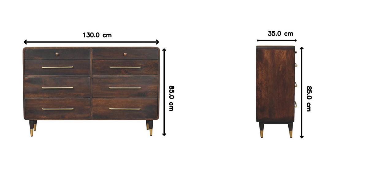 KOMMODE mit edlem Samtbezug in Mokka-Finish, 6 Schubladen, dunkelbraun. - Dunkelbraun, Holz (130/85/35cm) - Artisan Furniture