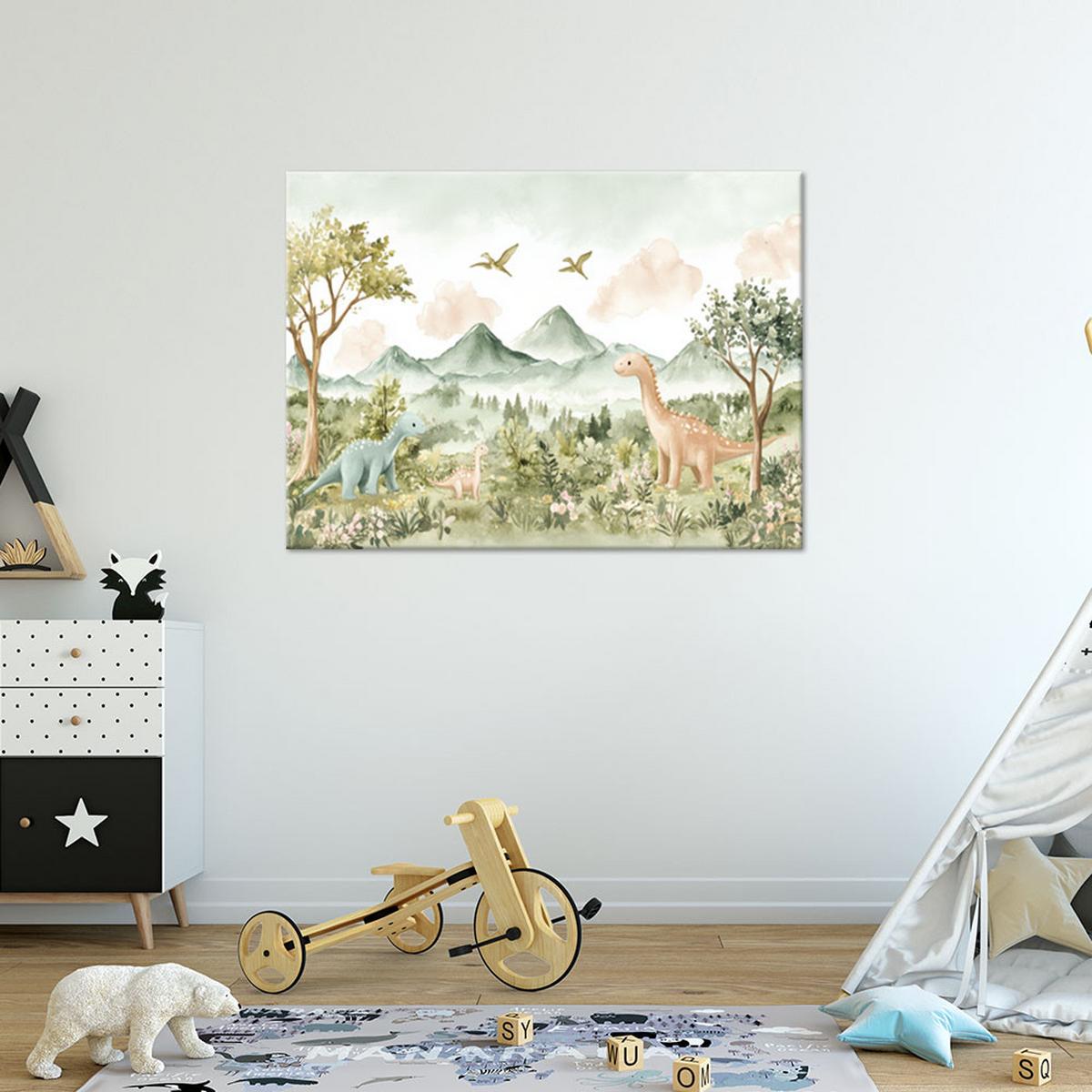 WANDBILD fröhliche dinosaurier berglandschaft - Grün, Textil (100/70cm) - Feeby