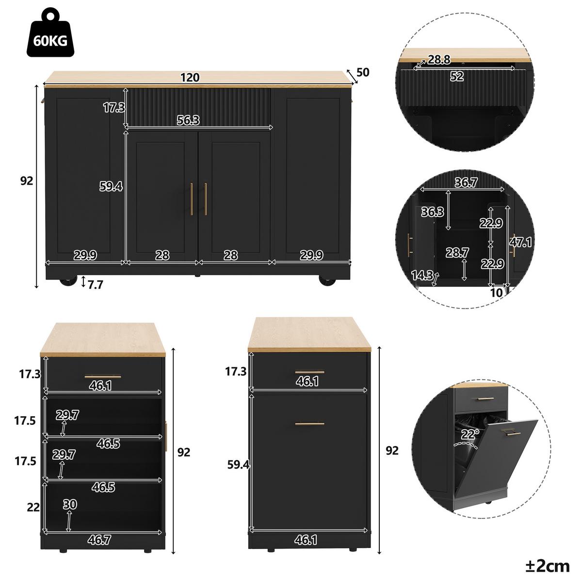 KÜCHENINSEL Schwarz mit Rollen & Mülleimerfach 3 Schubladen - Schwarz, Holzwerkstoff (120/92/50cm) - Urban Meuble