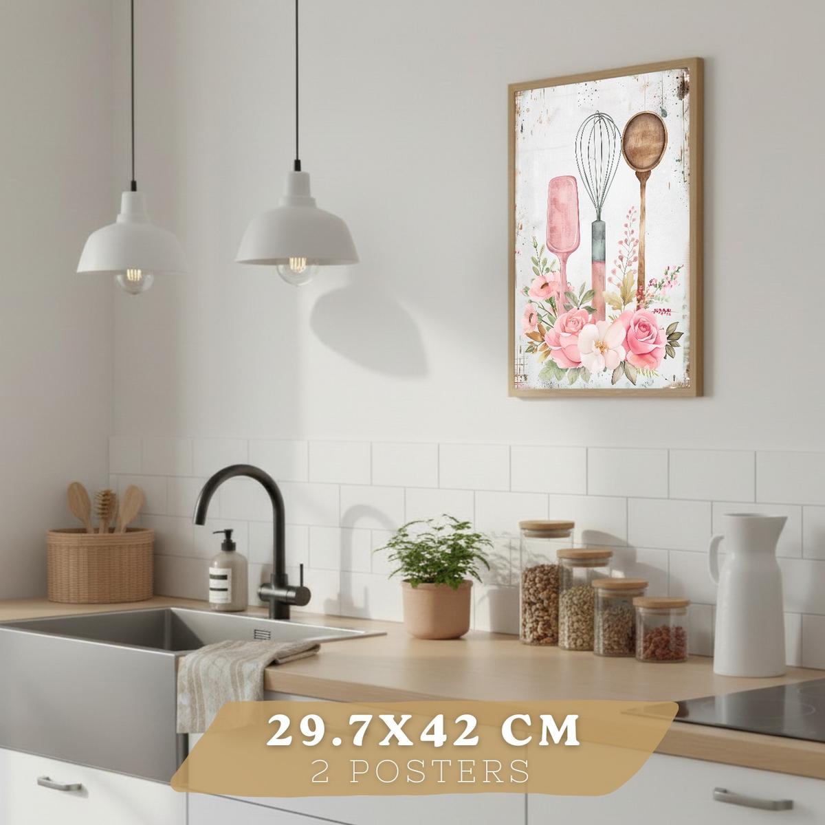 POSTER 4er Set Rosa Backkunst Wandbilder Küchenmaschine Torte Utensilien Blumen Shabby Chic Küche Deko Leichter Holzrahmen A3 - Beige, Papier (29.7/1/42cm) - Nacnic