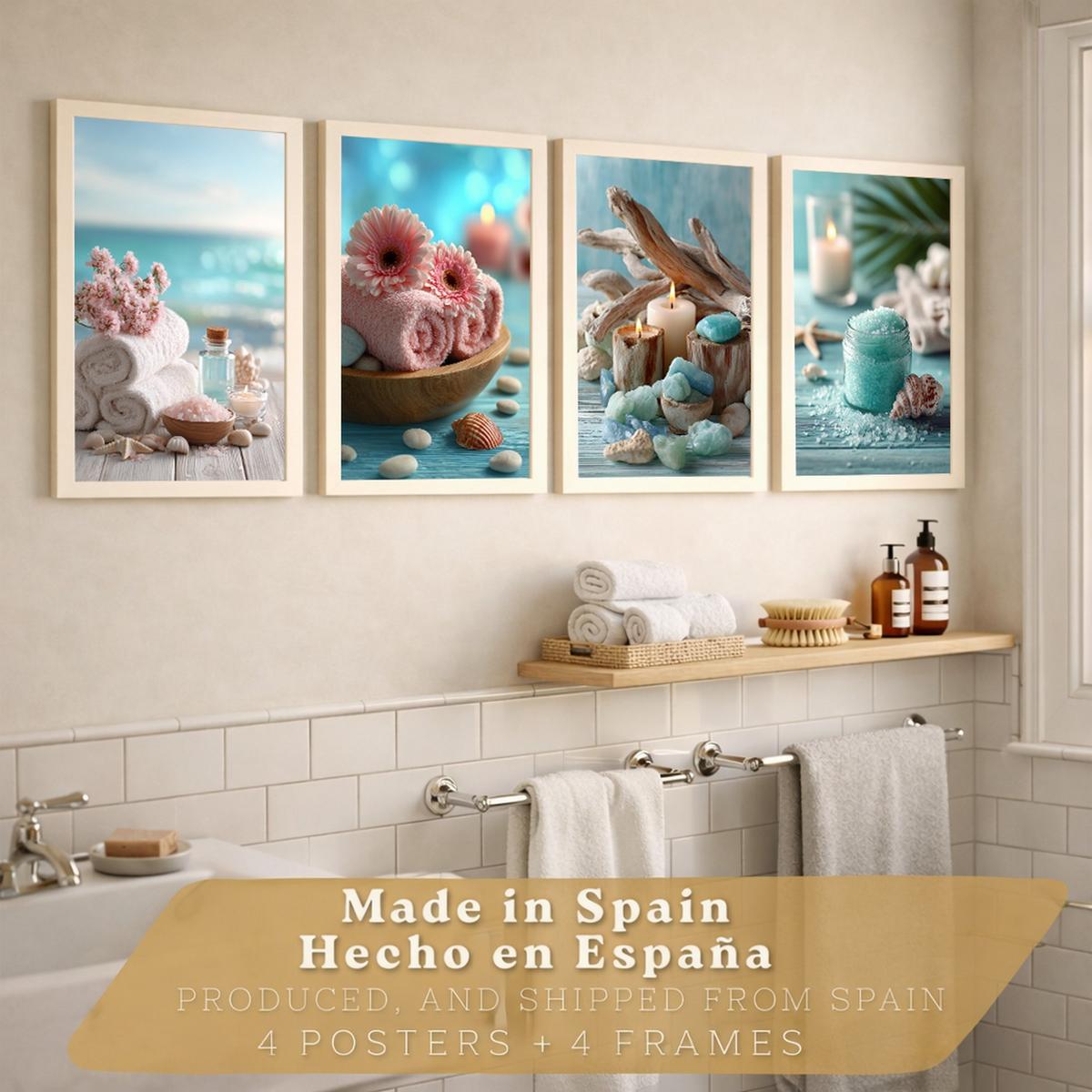 POSTER 4er-Set Badezimmer-Wandposter, Strand-Spa-Poster für Waschbecken, WC mit Muscheln, Kerzen, Handtüchern und Meersalz Leichter Holzrahmen A3 - Beige, Papier (42/29.7/3cm) - Nacnic