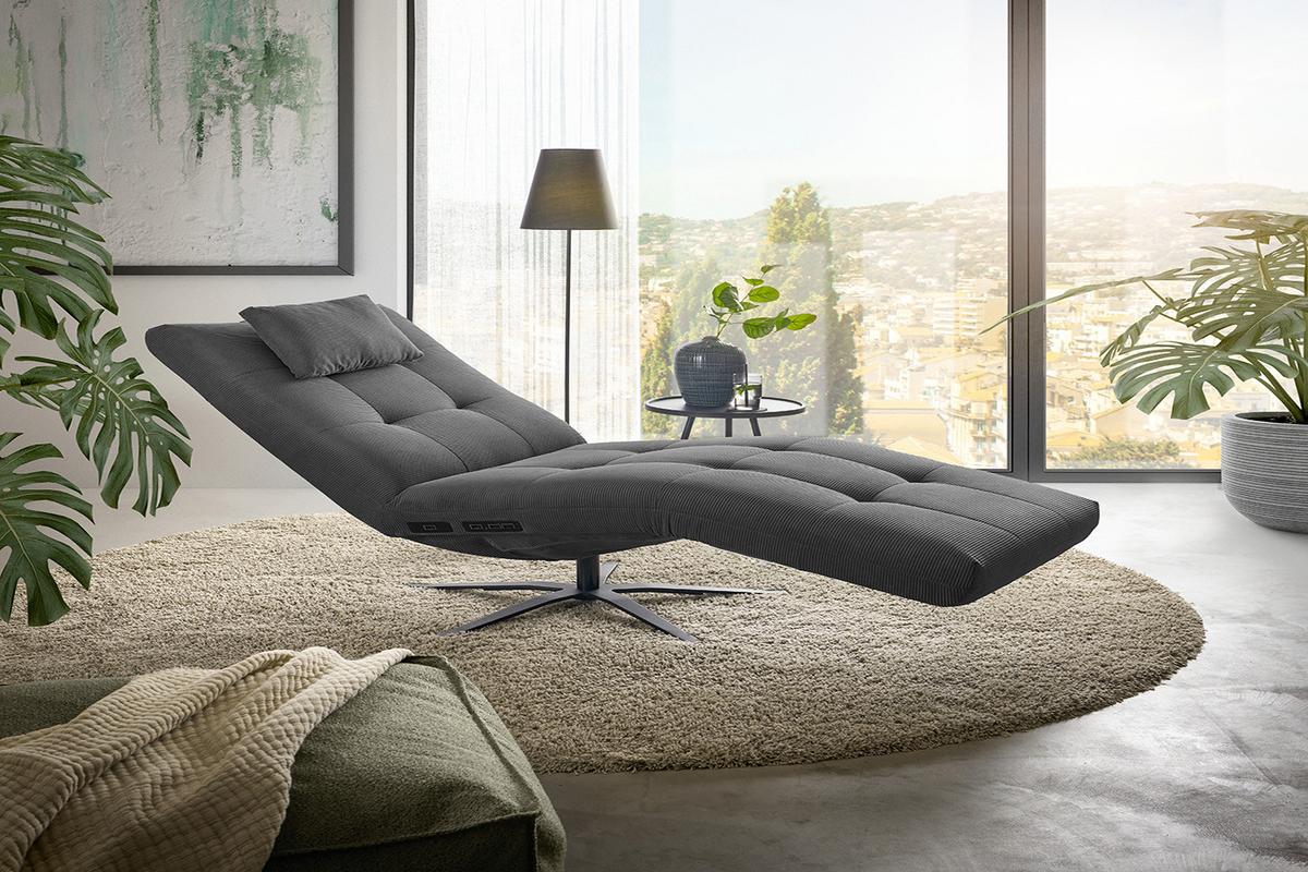 RELAXLIEGE LETICIA Anthrazit Cord Drehbar (360°), Relaxfunktion - Anthrazit/Schwarz, Textil/Metall (82/115/156cm) - KAWOLA