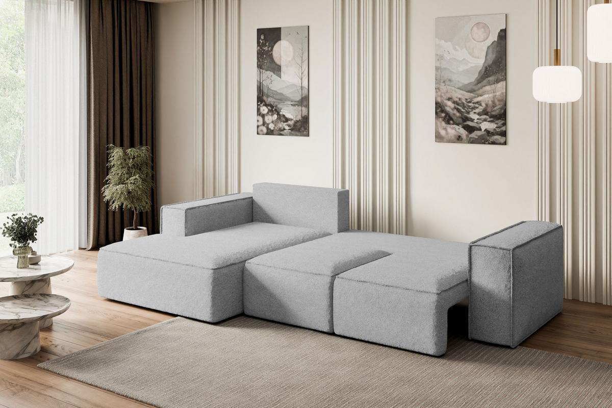 ECKSOFA mit Schlaffunktion und Bettkasten SERRA-L-S - 266x161x87 cm Hellgrau Bouclé - Hellgrau/Schwarz, Holzwerkstoff/Kunststoff (266/161cm) - ALTDECOR